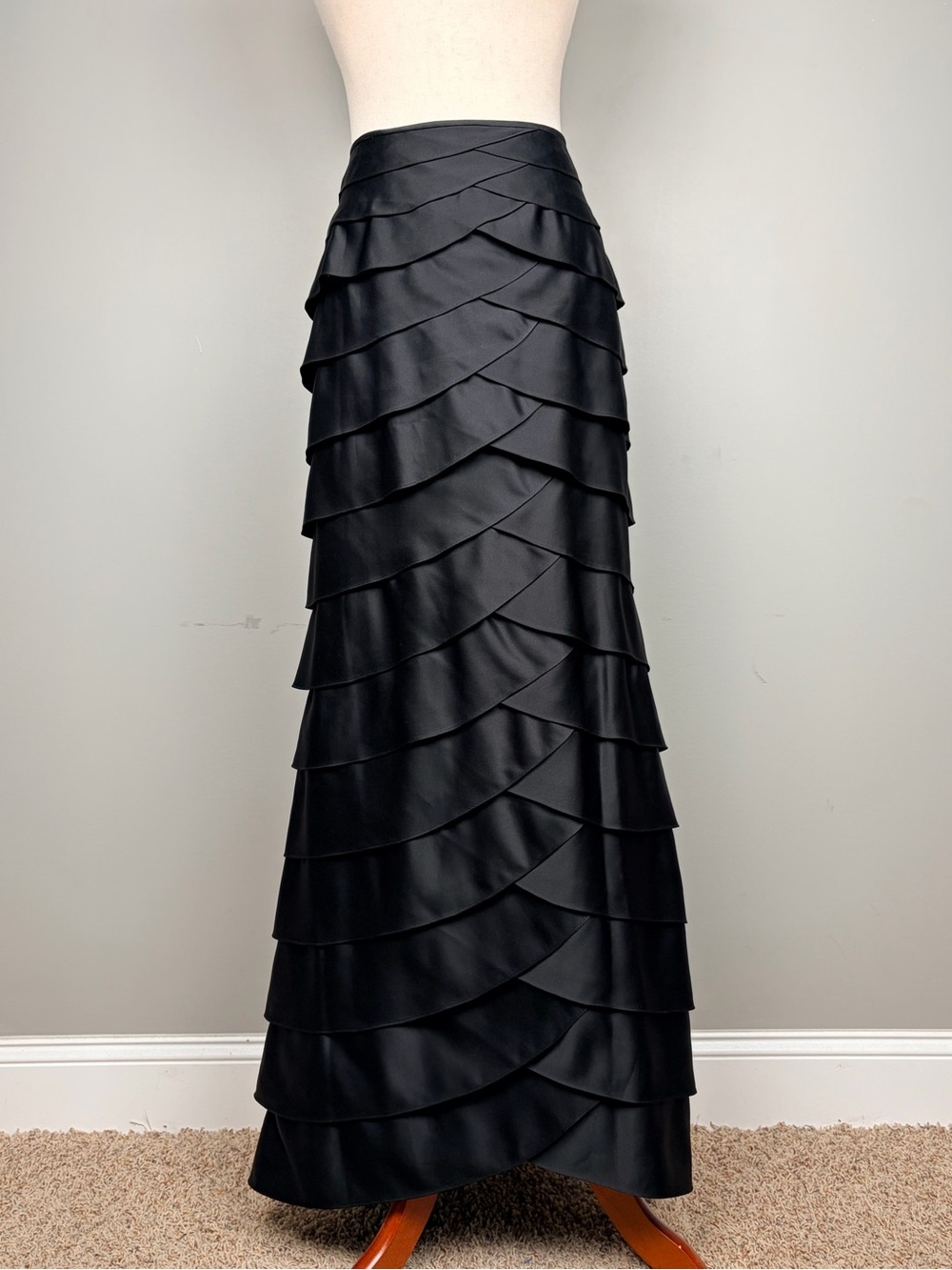Adrianna Papell Evening Essentials Skirt 6 Black Satin Tiered Ruffle Maxi Formal